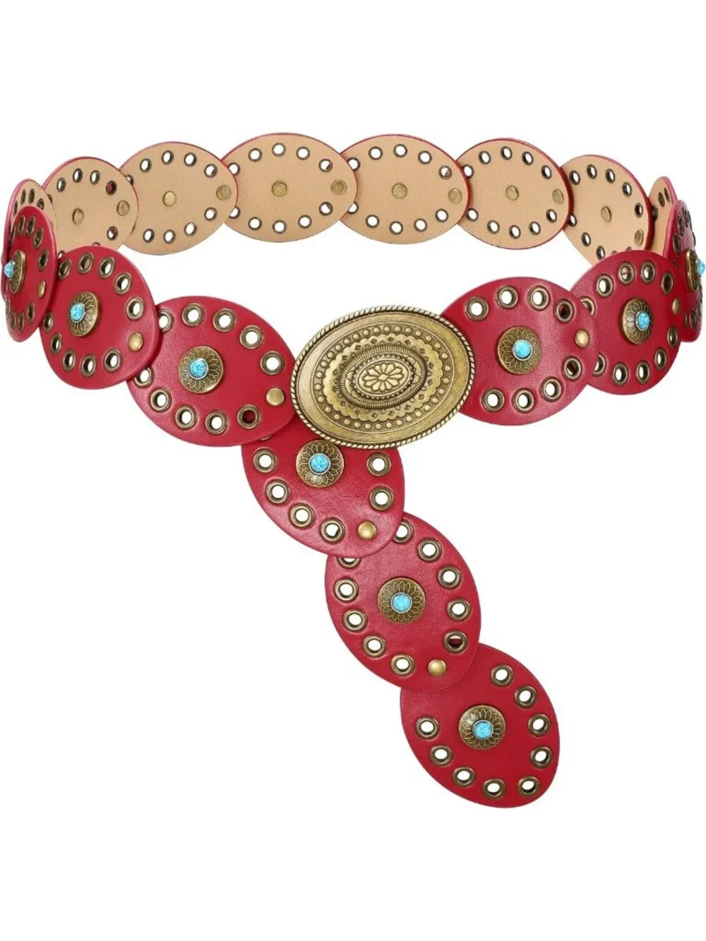 Boho Western Wide Disc Belt with Turquoise Conchos - Stylish Cowgirl Leather